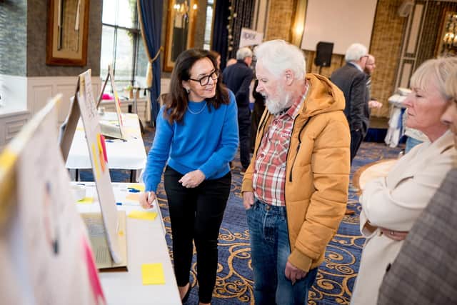 Robin Crowley from Letterkenny speaking with Housing Manager, Eilish Doherty, during the community consultation at the Apex (Ireland) event.