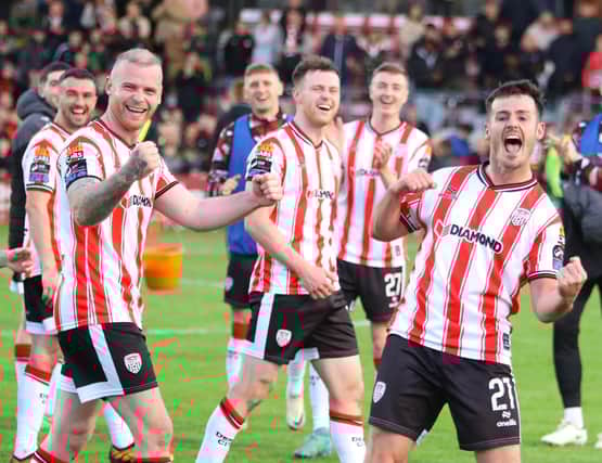 Danny Mullen pumps his fist at the travelling Derry City support at Dalymount Park after his match winning stoppage time strike. Photograph by Kevin Moore.