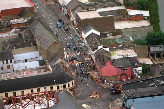 The aftermath of the Real IRA bombing of Omagh which claimed the lives of 29 people and two unborn children.
