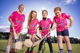 St Brigid's Camogie club players (from left) April Rose Grimley, Lana McKnight, Meadhbh Maxwell and Katie O'Hare after their club received Fibrus funding.