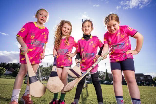 St Brigid's Camogie club players (from left) April Rose Grimley, Lana McKnight, Meadhbh Maxwell and Katie O'Hare after their club received Fibrus funding.