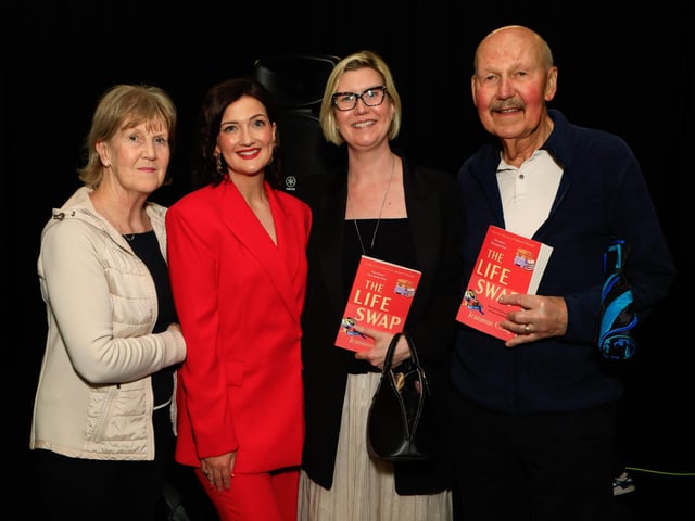 Jeananne Craig, author with Brendan, Stephanie and Michelle McCarroll at the launch of her first novel, published by Hachette Books Ireland, “The Life Swap”. (Photo - Tom Heaney, nwpresspics)
