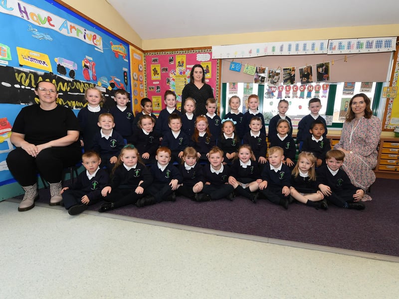 Mrs Chambers, right, pictured with her P1 class and classroom assistants  at Good Shepherd Primary School.