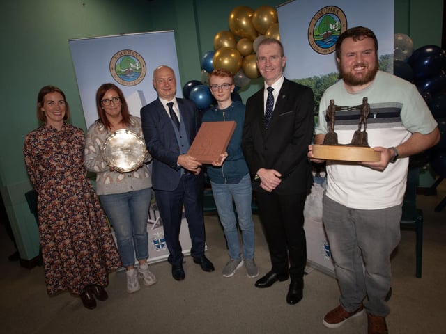 Pictured at the St. Columb's College Senior Prizegiving and receiving his awards from guest speaker, Professor Paul Bartholomew, Vice Chancellor, University of Ulster (third from left) is Patrick Quigley, winner of The John Hume Prize for Government and Politics, the Bishop’s Prize for Religious Studies and the Monsignor Coulter Award for Humanities.  Included from left are Miss E Kerr, Board of Governors, and Mr FJM Madden, Principal.