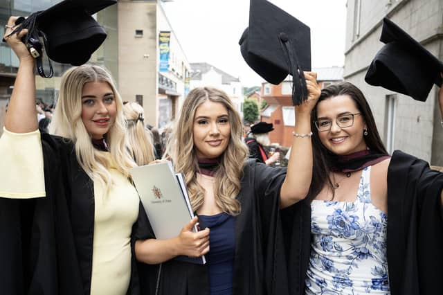 Law graduates Abbey McCafferty, Jessica Doneghey and Leah Mark graduate from Ulster University in Derry on Monday July 8. (Photo: Nigel McDowell / Ulster University)