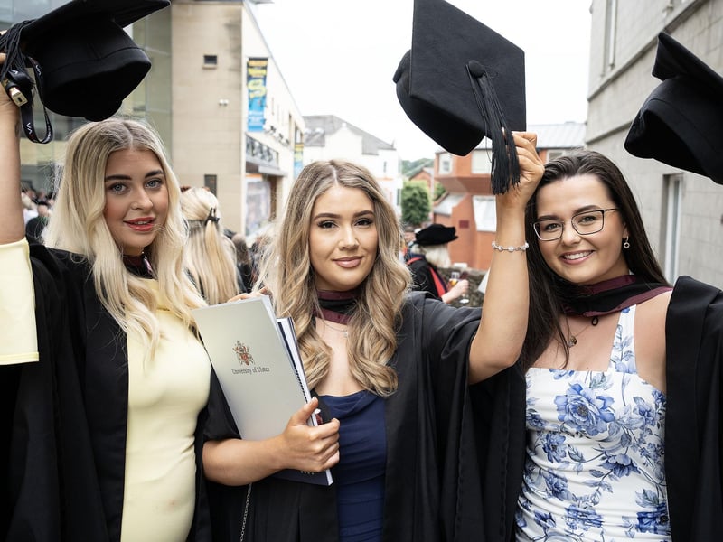 Law graduates Abbey McCafferty, Jessica Doneghey and Leah Mark graduate from Ulster University in Derry on Monday July 8.  (Photo: Nigel McDowell / Ulster University)