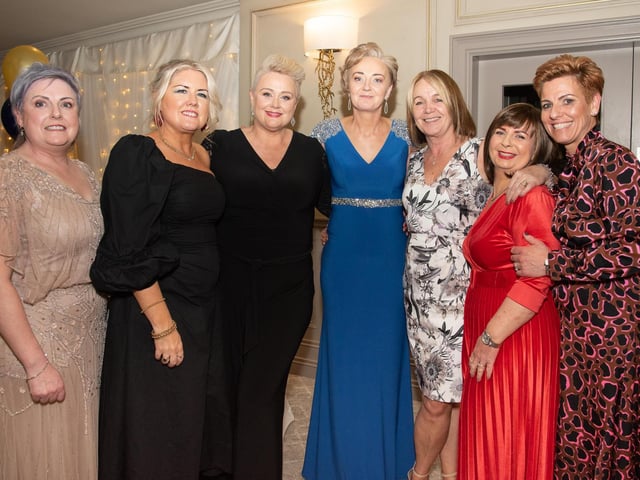 Margaret Farren, Sharon McDaid, Karen McLaughlin, Elaine McColgan, Paula Dempsey, Linda Lafferty and Debbie Fallon, Neal Doehrty's Jewellers Home and Giftwear at the Carndonagh Traders Business and Community Awards in the Ballyliffin Lodge Hotel on Saturday night last. Photo Clive Wasson.