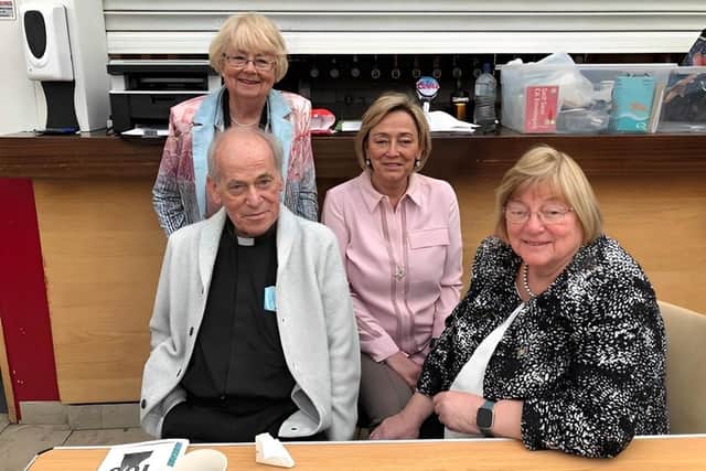 Fr Mullan pictured at the centenary Feis Dhoire Cholmcille in 2022 with committee members Colette Craig, Aisling Bonner and Ursula Clifford.