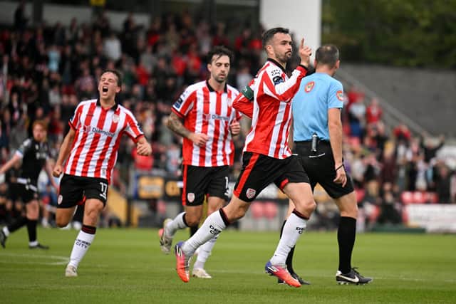 Michael Duffy celebrates after scoring his side's second goal against Dundalk at The Ryan McBride Brandywell Stadium in Derry. Photo by Ben McShane/Sportsfile