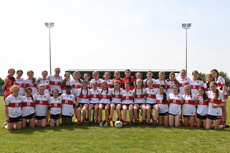 The Derry squad before the 2023 All-Ireland U14 Gold Final at Clan na Gael GAA Club in Dundalk, Louth. Photo by Stephen Marken/Sportsfile