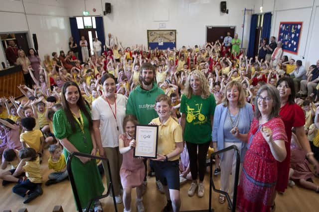 A loud cheer in the Steelstown Primary School assembly as the Sustrans Gold School Mark is presented on Wednesday morning. Jim McCafferty Photography.