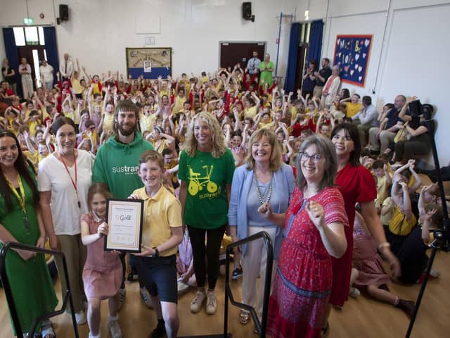A loud cheer in the Steelstown Primary School assembly as the Sustrans Gold School Mark is presented on Wednesday morning. Jim McCafferty Photography.