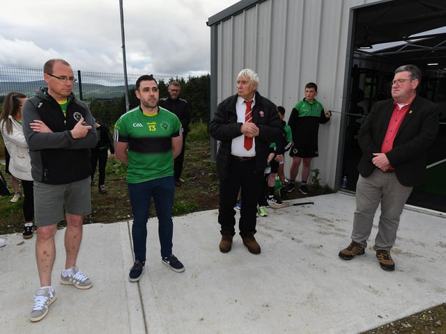 Speakers at the official opening of the Aodan O’Donnell Gym at Na Magha CLG. From left, Eamon Harkin, Na Magha chairman, Sean O’Donnell, on behalf of the family, Charlie Bonner, County Derry GAA development officer and David Flood, Na Magha club president. Photo: George Sweeney