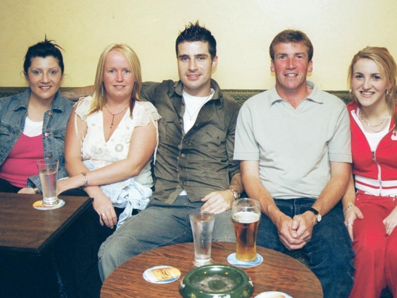 At the Back to Back in the PO Club were L/R:- Dympna McNicholl, Sabrina Canning, John McNicholl, Dermot Gormley and Colleen Gormley. 100703HG6:Pictures of birthdays, fundraisers and pub outings in July 2003