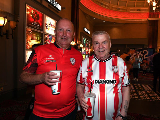 Derry City fans pictured at the Brunswick Moviebowl ahead of the live screening of the candystripes’ Europe Conference League away to FCB Magpies on Thursday evening. Photo: George Sweeney
