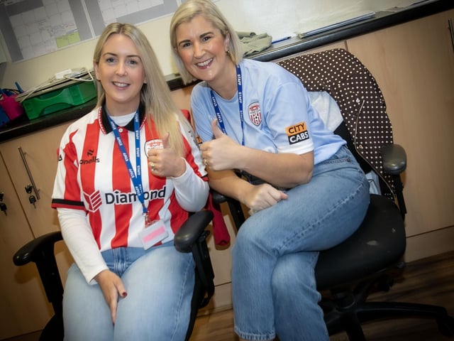Even the Hollybush school secretaries showing their support for the Candystripes on Friday. (Photos: Jim McCafferty Photography)