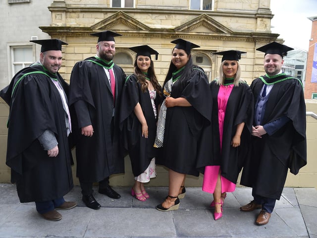 Graduates Niall Ward, Timmy Andrews, Aimee Herron, Aoife Corr, Shauna Cornyn and Blaine McCartney, who graduated in Social work pictured in Derry at the Millennium Forum. Picture By: Arthur Allison/Pacemaker Press.