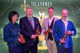 The new IslandMen Irish Whiskey created by Wild Atlantic Distillery founders, Jim Nash, and Brian Ash, who have officially launched their new single malt Irish whiskey and new blended whiskey in The Guildhall, pictured with Nicola Kelly and Mike Crone, who designed the bottle. Picture Martin McKeown. 28.03.25