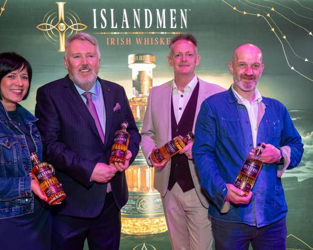 The new IslandMen Irish Whiskey created by Wild Atlantic Distillery founders, Jim Nash, and Brian Ash, who have officially launched their new single malt Irish whiskey and new blended whiskey in The Guildhall, pictured with Nicola Kelly and Mike Crone, who designed the bottle. Picture Martin McKeown. 28.03.25