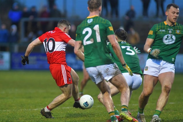 Niall Toner scores Derry’s second goal against Meath’s at Owenbeg on Saturday. Photo: George Sweeney. DER2308GS – 58