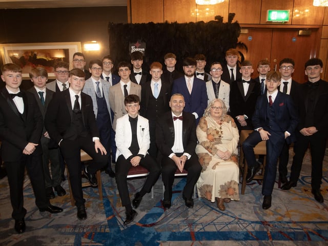Mr. Gerry Beattie, Senior Teacher, pictured with sixth form students at the St. Joseph's Boys School Annual Formal at the City Hotel on Friday night. Included is Ms. Paula Dillon, Sixth Form Supervisor. (Photos: Jim McCafferty Photography)
