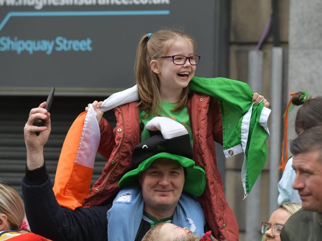 Revellers at the St Patrick’s Day parade, in Derry, on Friday afternoon. Photo: George Sweeney. DER2311GS – 78