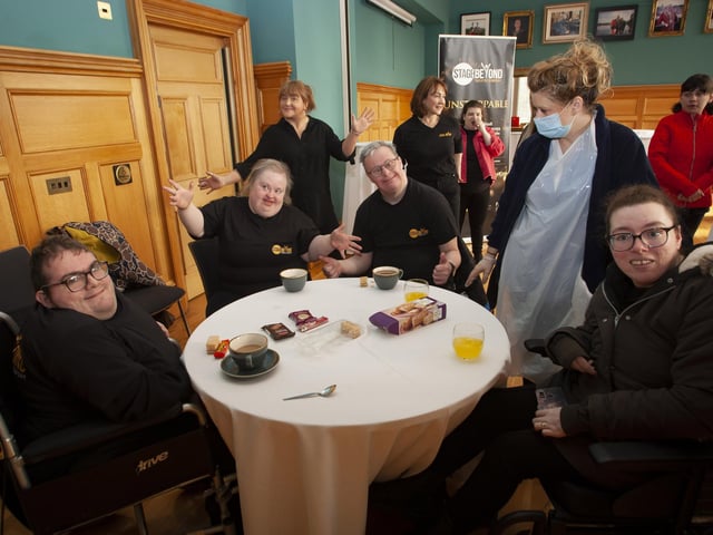 Young people from Stage Beyond get a welcome cuppa during a visit to the Guildhall on Tuesday afternoon last.