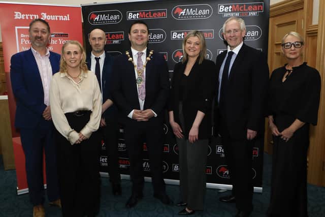 Mayor Ruairí McHugh at the launch of the Derry Journal Bet McLean "People of the Year Awards 2026" which takes place on Thursday, May 21st in the Everglades Hotel. Included from left, are Steve Frazer, City of Derry Airport, Brendan McDaid, Editor, Derry Journal, Andrea Shepherd, Ulster University, and from right, Jacqui Diamond, Derry Journal, Paul McLean, "BetMcLean", and Erin McFeely, Alchemy. (Photo - Tom Heaney, nwpresspics)