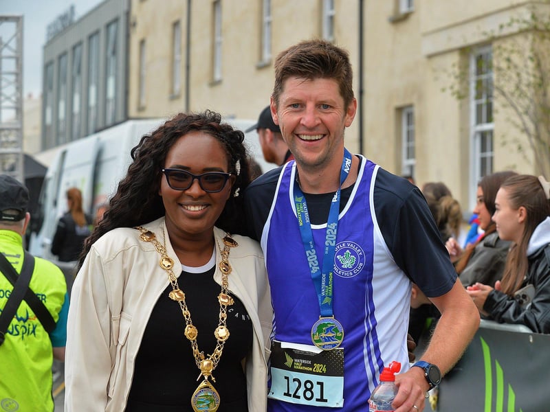 2024 Waterside Half Marathon third placed Gary Slevin, Foyle Valley AC, pictured with Mayor Lilian Seenoi Barr. Photo: George Sweeney