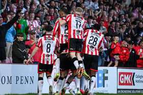 James Clarke of Derry City celebrates after scoring his side's first goal during the SSE Airtricity Men's Premier Division match between Derry City and Shamrock Rovers at Find Insurance Celtic Park in Derry. Photo by Stephen McCarthy/Sportsfile