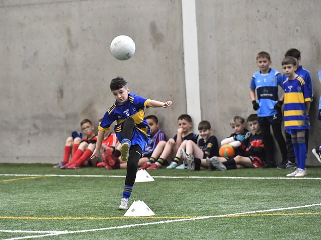 Primary School pupil taking part in the Cumann na mBunscoil skills test at Sean Dolans GAC on Friday. Photo: George Sweeney