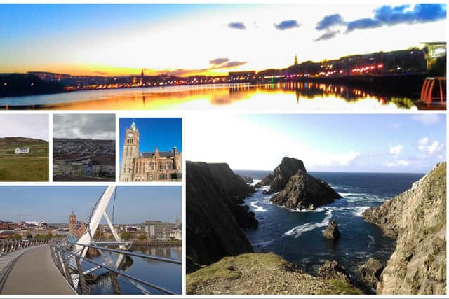 Clockwise from top Derry city on the River Foyle, Malin Head, Donegal, Peace Bridge, Derry, Malin, Donegal, and Guildhall and Bogside, Derry.