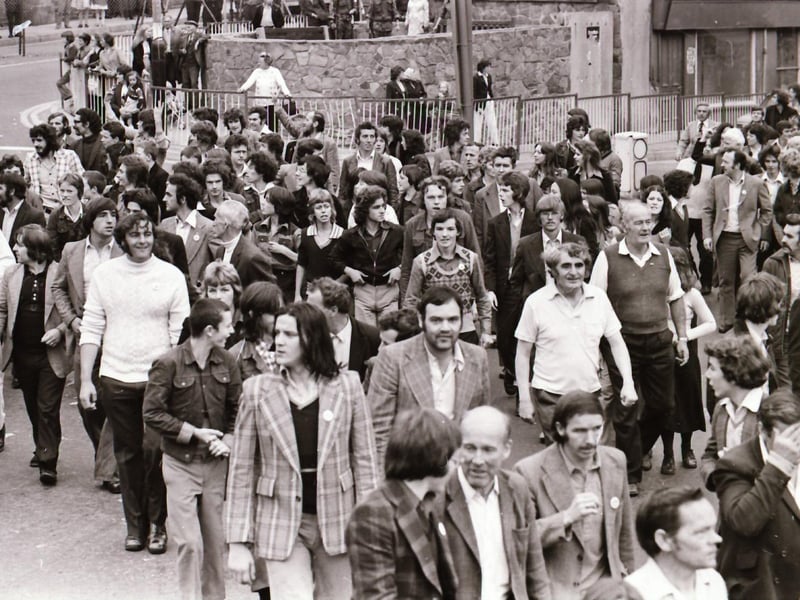 Pictured are people taking part in anti-internment demonstrations across Derry in August 1975 on the anniversary of the introduction of internment without trial in the north of Ireland four years earlier on August 9, 1971. Photos: Derry Journal.