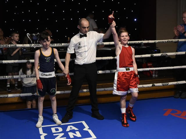 Calvin Maughan (St Joseph's) wins his bout at Gransha Club.