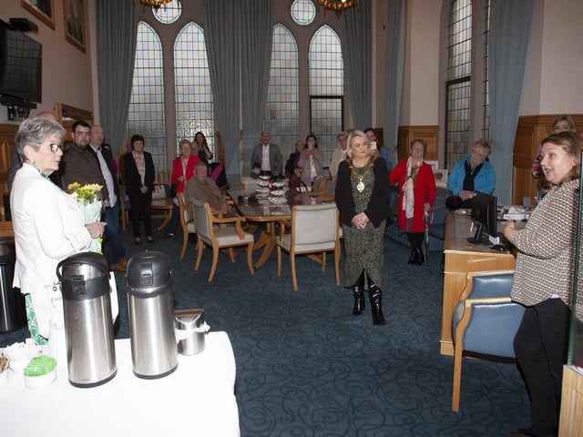 The Mayor of Derry City and Strabane District Council, Sandra Duffy pictured making a presentation to Strabane’s Ursula Melaugh at the Guildhall, Derry on Tuesday evening in recognition of her caring service to the Strabane community. (Photos: Jim McCafferty Photography)