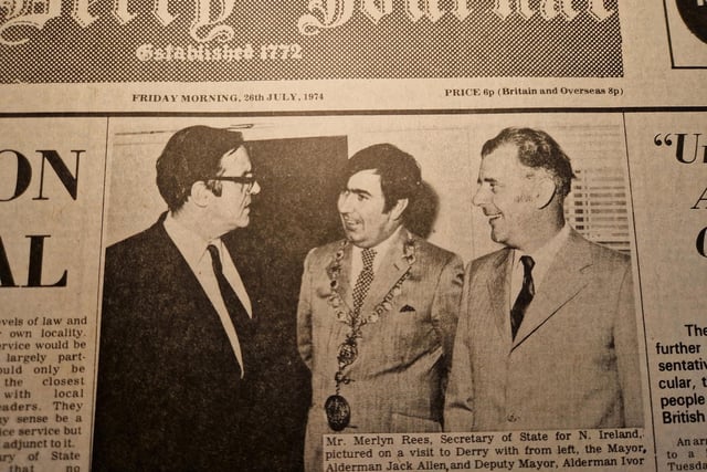 The caption reads: "Mr. Merlyn Rees, Secretary of State for N. Ireland, pictured on a visit to Derry with from left, the Mayor Alderman Jack Allen, and Deputy Mayor, Alderman Ivor Canavan."