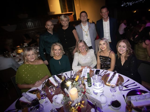 PRESS TEAM. . . . .Mayor McHugh pictured with the Press Office Team at Friday's event. Back from left, Colm Doherty, Maureen Doherty and Johnny Craig. Front seated from left, Bottom row Siobhan Faulkner, Rachael Craig, Adele McCourt, Naomi Doherty and Joanne McCarroll. (Photos: Jim McCafferty Photography) : Mayor's Charity Ball.