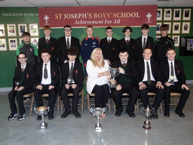 St. Joseph's Boys School Principal Mrs Ciara Deane pictured with the Year 12 Class award winners for commitment and achievement at last week's Annual Prizegiving. (Photos: Jim McCafferty Photography)