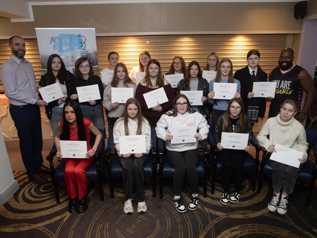 Mark H. Durkan MLA and Rick Roberts, Fitness coach presenting 'Fitness Certificates of Achievement' at the Enagh Youth Forum Annual Awards at the White Horse Hotel on Wednesday evening last. (Photos: Jim McCafferty Photography)