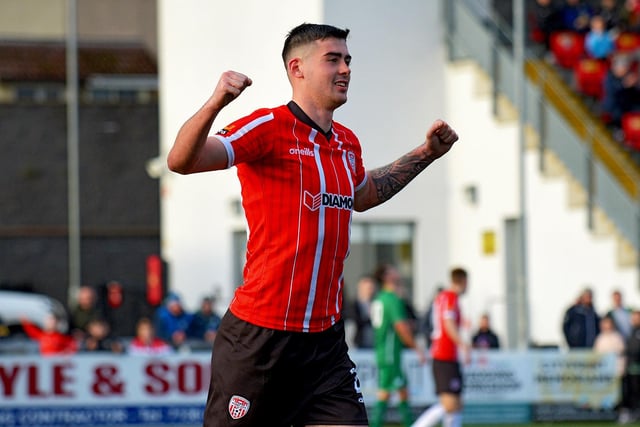 Derry City striker Cian Kavanagh celebrates his hat-trick