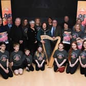 Included in the picture from the launch of Fleadh Mhór Dhoire at Studio 2 are Co-chairs of the event Angela Harkin and Ollie Green, Brendan Molloy, County Derry Chair of Comhaltas Ceoltóirí Éireann, Councillor Patricia Logue, Mayor of Derry City and Strabane District Council, Bishop of Derry, Dr Dónal McKeown, members of the organising committee and young musicians from CCÉ Baile na gCailleach. Picture courtesy of Tom Heaney – nwpresspics.com