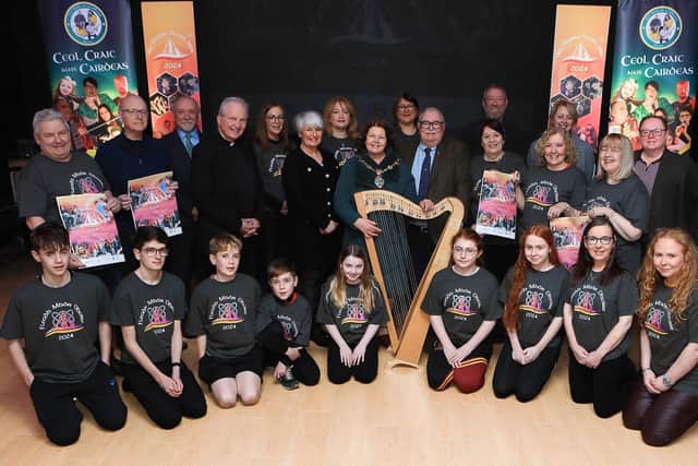 Included in the picture from the launch of Fleadh Mhór Dhoire at Studio 2 are Co-chairs of the event Angela Harkin and Ollie Green, Brendan Molloy, County Derry Chair of Comhaltas Ceoltóirí Éireann, Councillor Patricia Logue, Mayor of Derry City and Strabane District Council, Bishop of Derry, Dr Dónal McKeown, members of the organising committee and young musicians from CCÉ Baile na gCailleach. Picture courtesy of Tom Heaney – nwpresspics.com