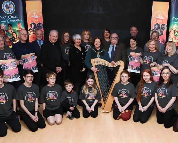 Included in the picture from the launch of Fleadh Mhór Dhoire at Studio 2 are Co-chairs of the event Angela Harkin and Ollie Green, Brendan Molloy, County Derry Chair of Comhaltas Ceoltóirí Éireann, Councillor Patricia Logue, Mayor of Derry City and Strabane District Council, Bishop of Derry, Dr Dónal McKeown, members of the organising committee and young musicians from CCÉ Baile na gCailleach. Picture courtesy of Tom Heaney – nwpresspics.com