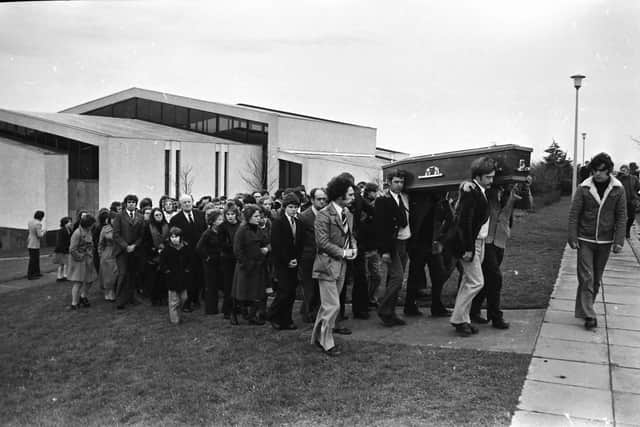 Jim Loughrey's coffin is carried from Star of the Sea chapel in Faughanvale in 1976.