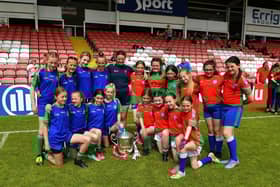 Tower Cup Girls' winners 2023, Sacred Heart Primary School pictured with the Anglo-Celt Cup. Photo: George Sweeney.  DER2321GS – 138