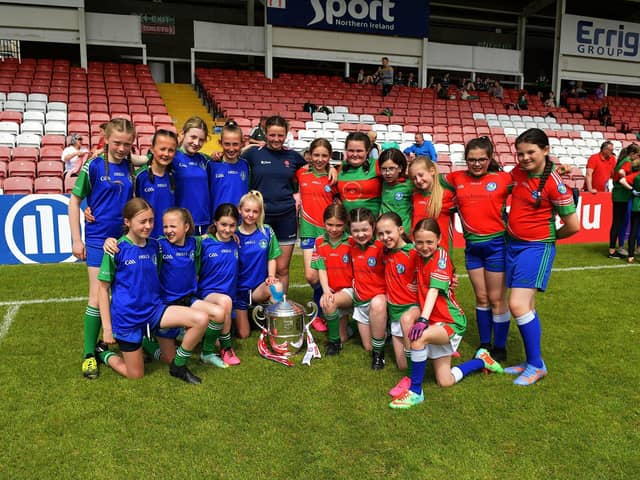 Tower Cup Girls' winners 2023, Sacred Heart Primary School pictured with the Anglo-Celt Cup. Photo: George Sweeney.  DER2321GS – 138