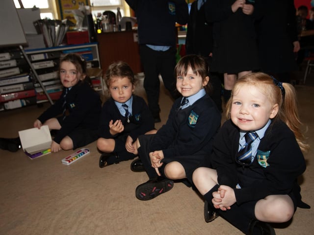 P1 pupils from Mrs. Margaret Harkin's class getting ready to watch some tv - Anna W, Anna McC, Rosie and Nancy. (Photos: Jim McCafferty Photography)