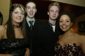 Rachael Wray and Joanne Curran with beaus Paul Devine and Justin Arkinson. Attendees at the formal in Strabane in April 2004