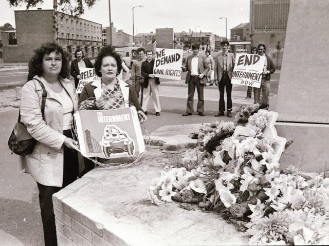 Pictured are people taking part in anti-internment demonstrations across Derry in August 1975 on the anniversary of the introduction of internment without trial in the north of Ireland four years earlier on August 9, 1971. Photos: Derry Journal.