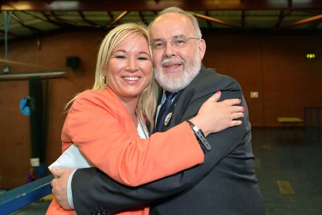 Sinn Féin's Francie Molloy is congratulated by Michelle O'Neill after he won the Mid Ulster seat in 2015. PICTURE BY STEPHEN DAVISON